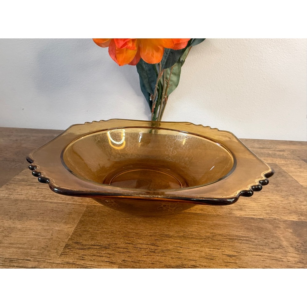 Vintage Amber Depression Glass Square Serving Bowl Etched Floral Gold Trim